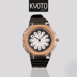 W861 - RELOJ HEXAGONAL FLOR PULSO METALICO Y GOMA NEGRO