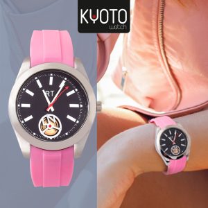 W792 - RELOJ ESPECIAL ROSADO PULSO GOMA MICA PLATEADA NEGRA AUTOMATICO CIERRE ESPECIAL