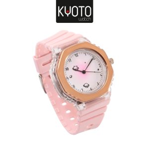 W860 - Reloj lunas y planetas color rosado y metálico pulso goma